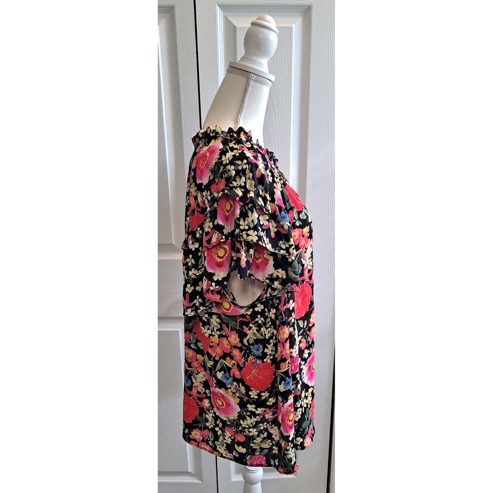 3XL Rose+Olive Black Floral‎ Ruffel Short Sleeve Top With Tassel Tie - Picture 2 of 7